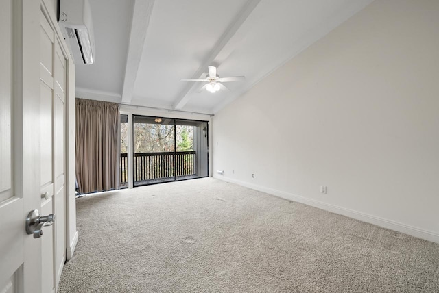 unfurnished room with ceiling fan, carpet floors, lofted ceiling with beams, and a wall mounted air conditioner