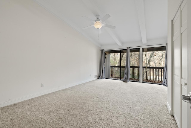 empty room with light carpet, lofted ceiling with beams, and ceiling fan