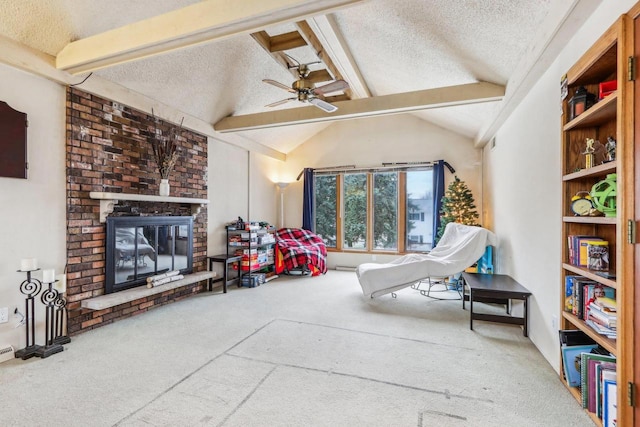 interior space with carpet flooring, lofted ceiling with beams, a textured ceiling, and a brick fireplace