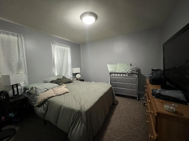 bedroom featuring dark carpet