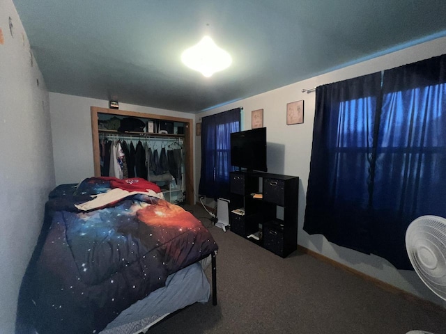 bedroom with carpet flooring and a closet