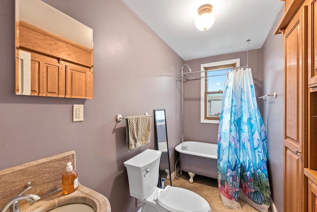 full bathroom featuring plus walk in shower, tile patterned floors, toilet, and sink