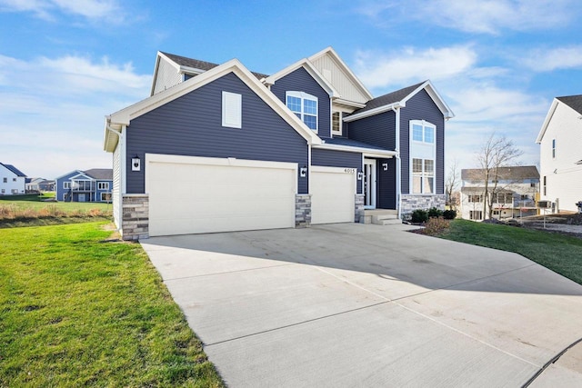 craftsman house with a front lawn and a garage