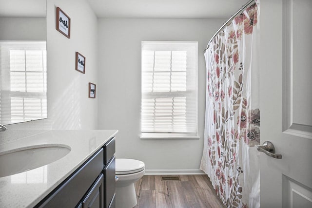 bathroom with vanity, hardwood / wood-style floors, and toilet