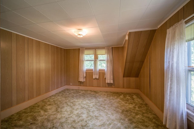 carpeted spare room featuring wooden walls