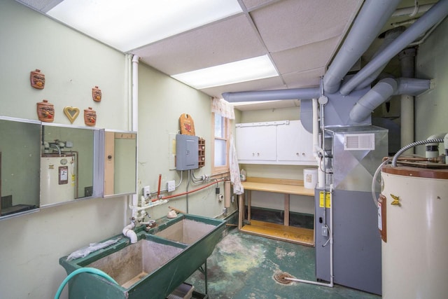 utility room with electric water heater, electric panel, and heating unit