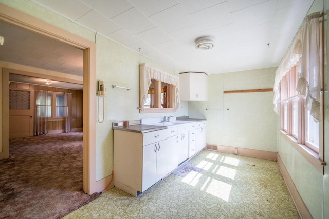 kitchen featuring white cabinetry, sink, and light colored carpet