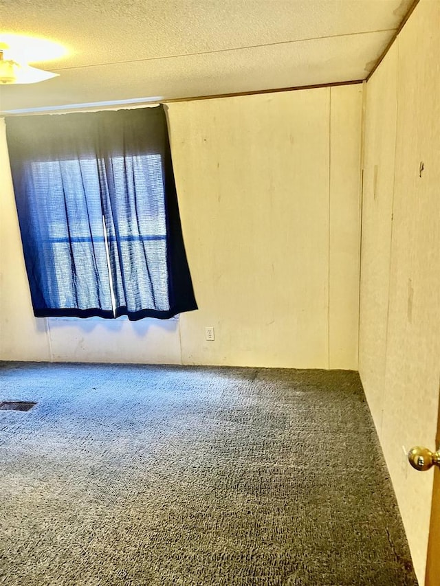 carpeted spare room with a textured ceiling and ceiling fan