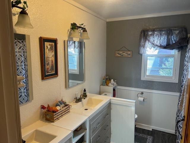 bathroom with crown molding, vanity, and toilet