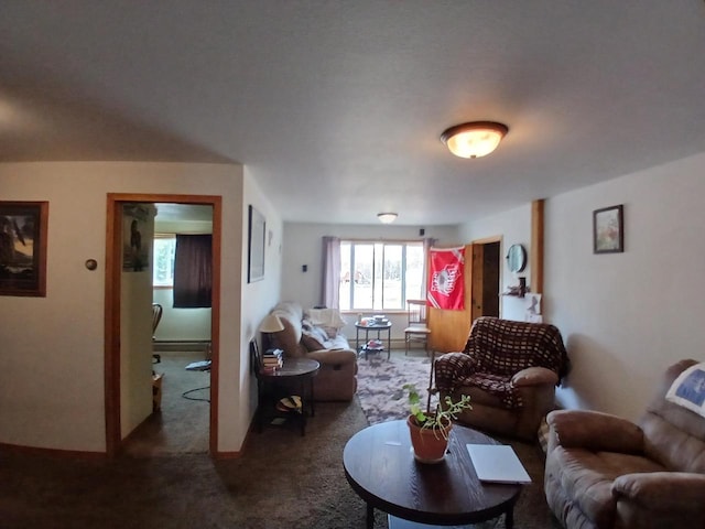 carpeted living room featuring a baseboard heating unit