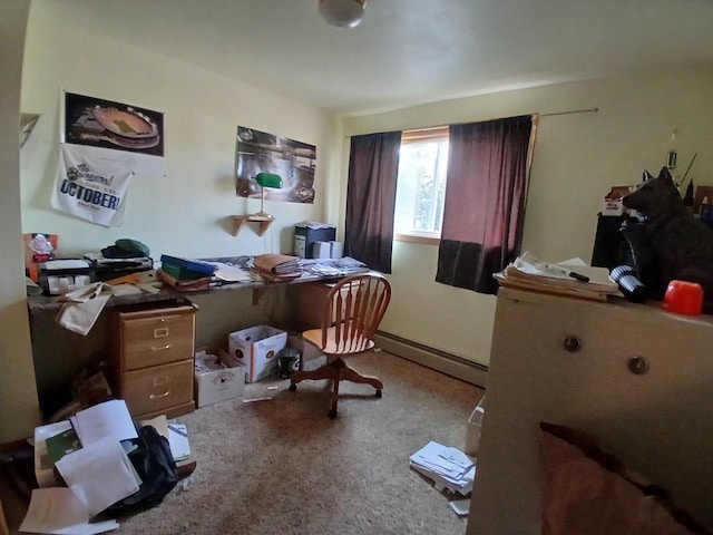 carpeted bedroom with a baseboard radiator