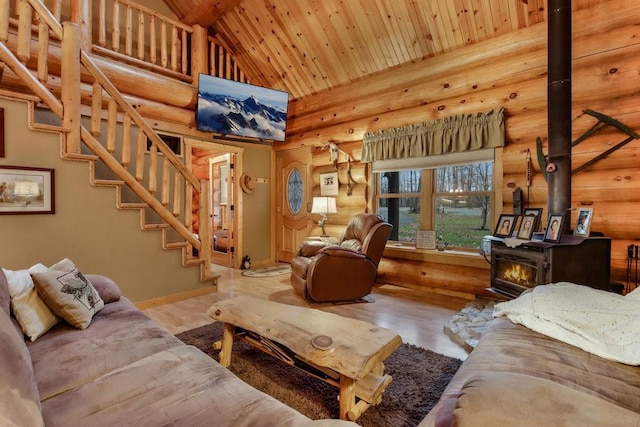 living room with wooden ceiling, a wood stove, rustic walls, and lofted ceiling