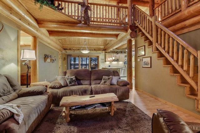 living room featuring beam ceiling, wooden ceiling, and hardwood / wood-style flooring