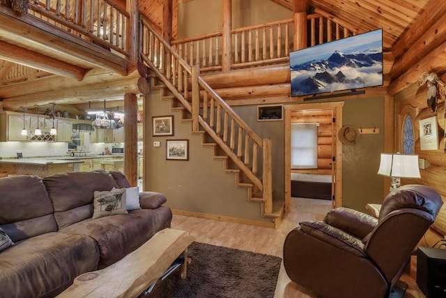 living room featuring wood ceiling, rustic walls, high vaulted ceiling, and wood-type flooring