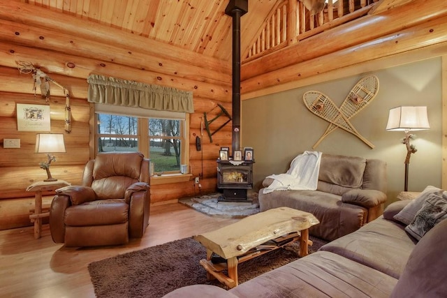 living room featuring wood ceiling, log walls, high vaulted ceiling, hardwood / wood-style floors, and a wood stove