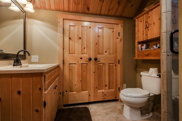 bathroom featuring tile patterned flooring, vanity, wooden ceiling, and toilet