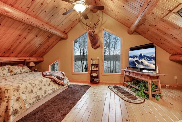 bedroom featuring lofted ceiling with beams, ceiling fan, light hardwood / wood-style flooring, and wood ceiling