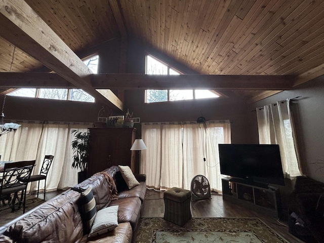 living room featuring beamed ceiling, hardwood / wood-style floors, high vaulted ceiling, and wooden ceiling