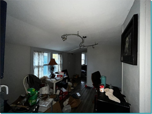 dining room featuring lofted ceiling and dark wood-type flooring