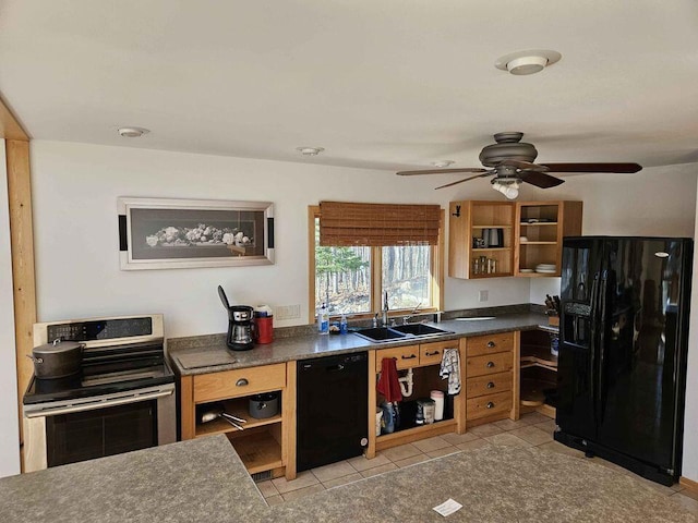 kitchen featuring ceiling fan, sink, light tile patterned floors, and black appliances