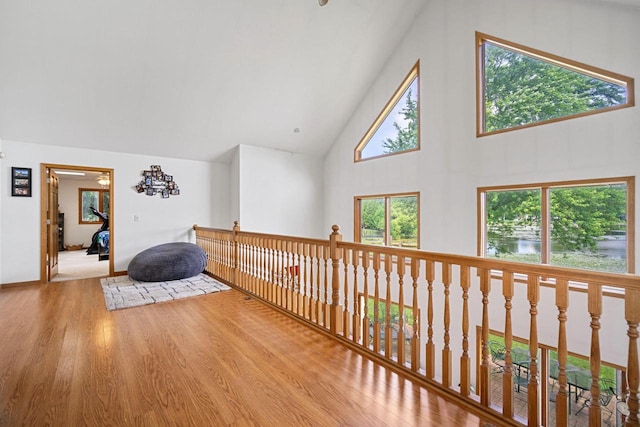 living area featuring plenty of natural light, high vaulted ceiling, and hardwood / wood-style floors