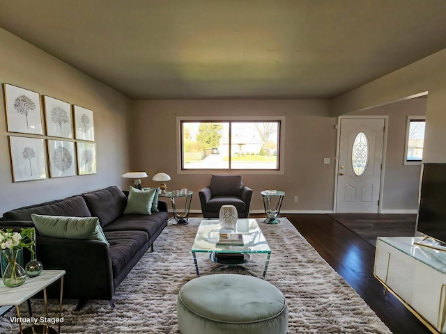 living room with dark wood-type flooring