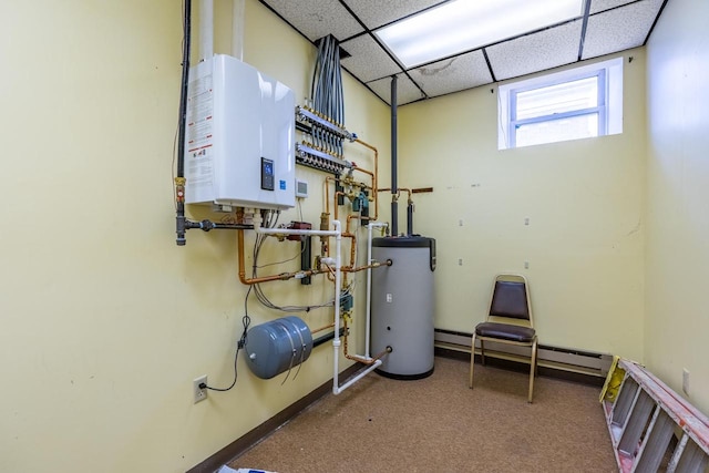 utilities with tankless water heater, a baseboard radiator, and water heater