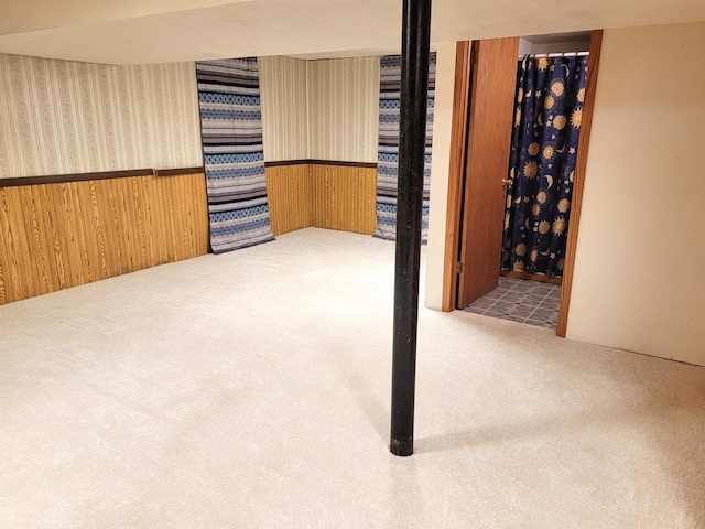 basement featuring carpet and wooden walls