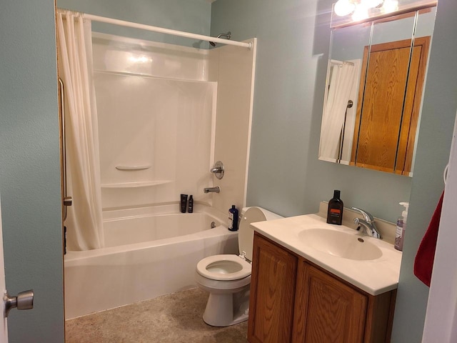 full bathroom with vanity, toilet, and shower / bathtub combination with curtain