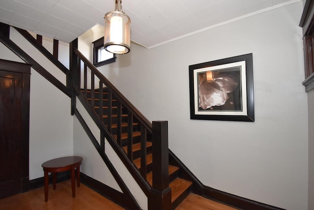 stairs featuring ornamental molding and hardwood / wood-style floors