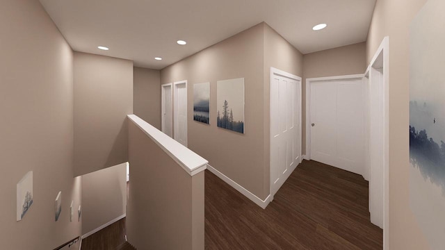 3615 S Business Dr Unit 105, Sheboygan, WI 53081 - hallway featuring an upstairs landing, dark wood-style floors, recessed lighting, and baseboards