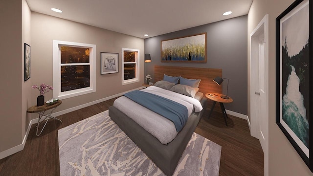 bedroom with dark wood-type flooring