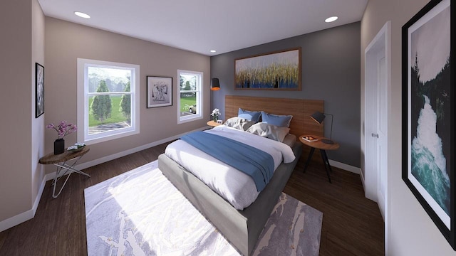 bedroom with dark hardwood / wood-style floors