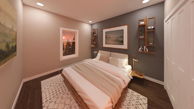 bedroom with dark hardwood / wood-style flooring and a closet