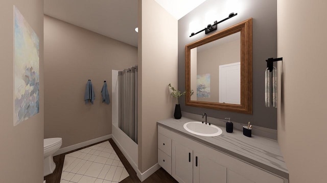 full bathroom featuring shower / bathtub combination with curtain, tile patterned flooring, vanity, and toilet