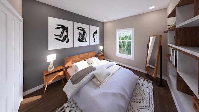 bedroom with dark hardwood / wood-style flooring