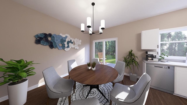 3615 S Business Dr Unit 105, Sheboygan, WI 53081 - dining space featuring a chandelier, baseboards, and dark wood-type flooring