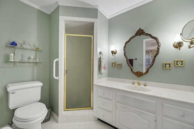 bathroom featuring crown molding, vanity, a shower with shower door, and toilet