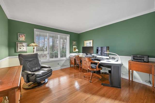 office featuring ornamental molding and hardwood / wood-style flooring