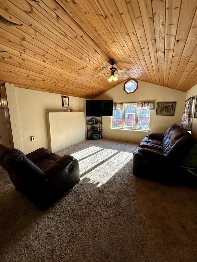 carpeted living room with ceiling fan, lofted ceiling, and wood ceiling