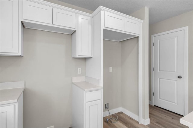 clothes washing area with light hardwood / wood-style flooring and a textured ceiling