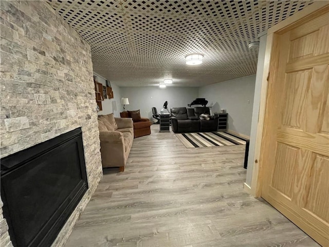 living room featuring light wood-type flooring and a stone fireplace