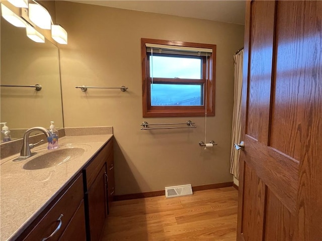 bathroom with hardwood / wood-style flooring and vanity