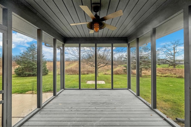 unfurnished sunroom featuring a wealth of natural light and wood ceiling