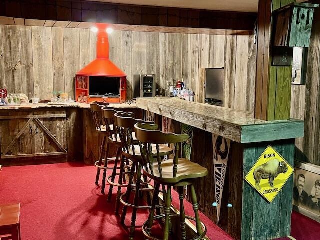 bar with a dry bar, wooden walls, and carpet flooring