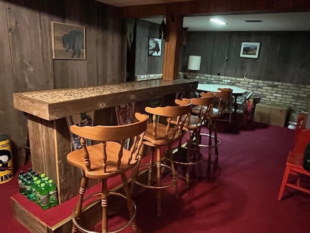 bar featuring wood walls and a dry bar