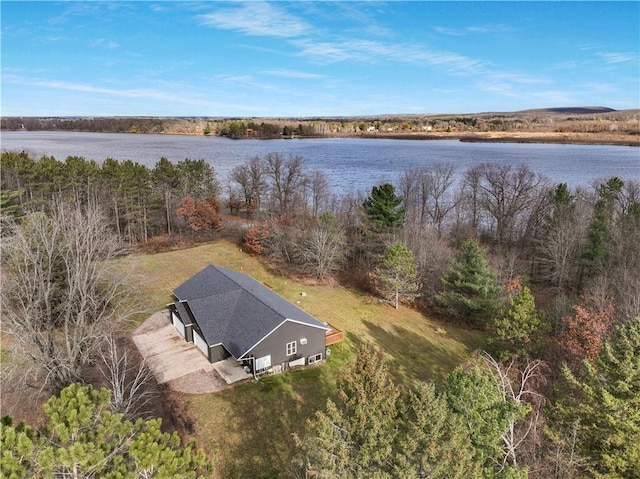 drone / aerial view with a water view