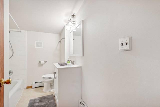 full bathroom with baseboard heating, toilet, vanity, and tub / shower combination