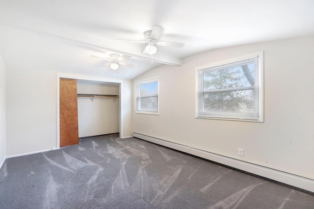 unfurnished bedroom with vaulted ceiling with beams, ceiling fan, a baseboard radiator, carpet floors, and a closet