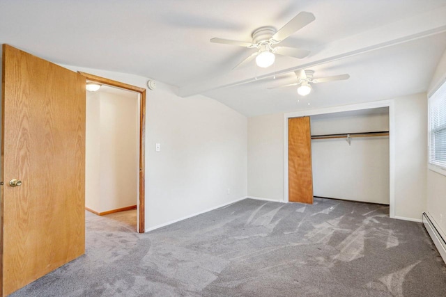 unfurnished bedroom featuring carpet, a closet, a baseboard radiator, and ceiling fan